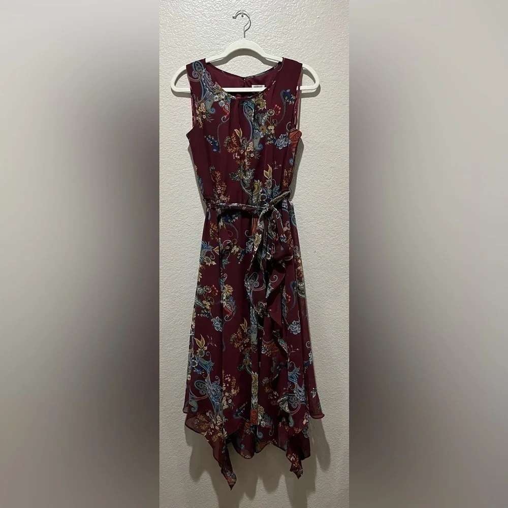 Westport sz 6 Handkerchief dress Burgundy Floral Sleeveless Belted Whimsigoth
